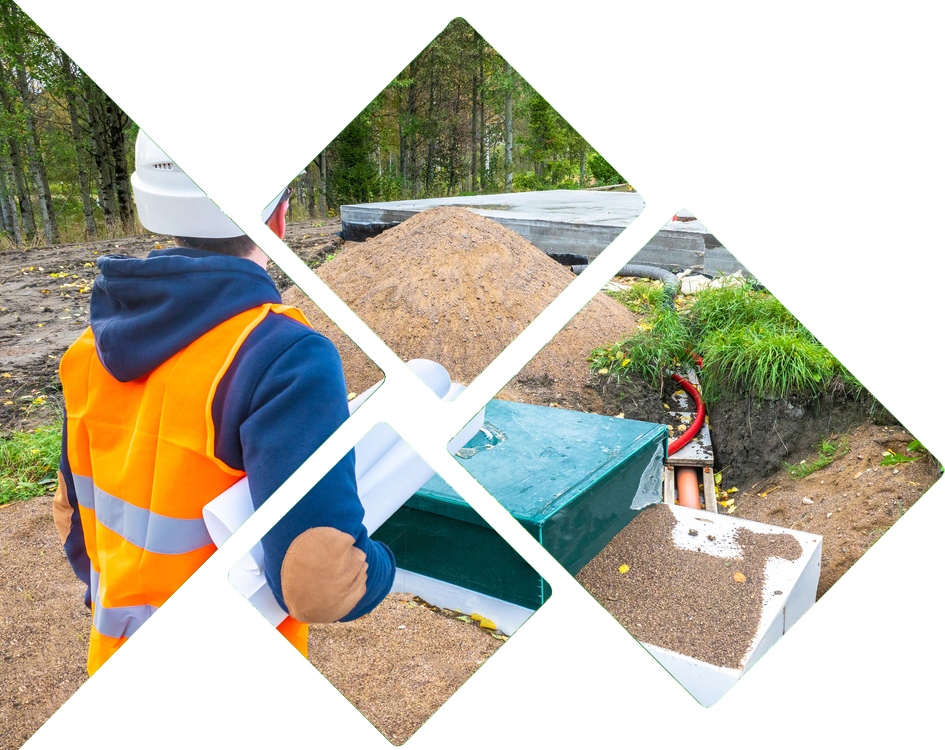 Robitaille Contracting crew installing a full septic system with excavation equipment on a rural property